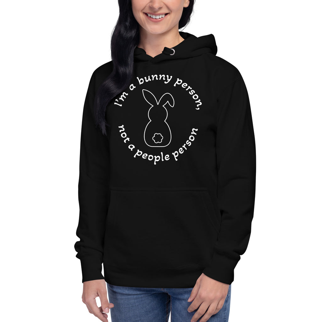 "Bunny Person" musta unisex-huppari valkoisella painatuksella