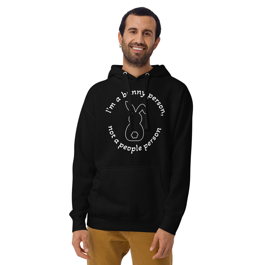 "Bunny Person" musta unisex-huppari valkoisella painatuksella