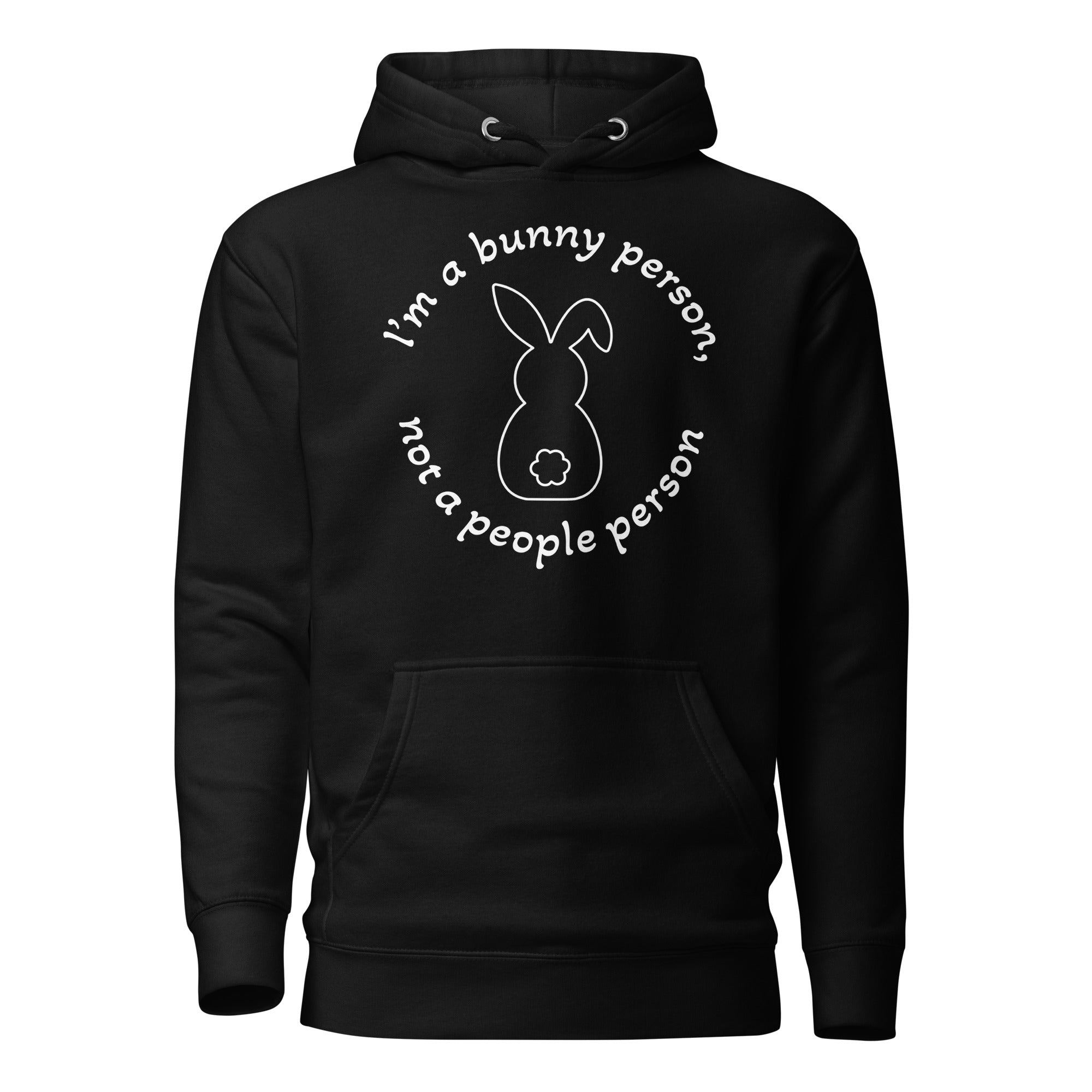 "Bunny Person" musta unisex-huppari valkoisella painatuksella
