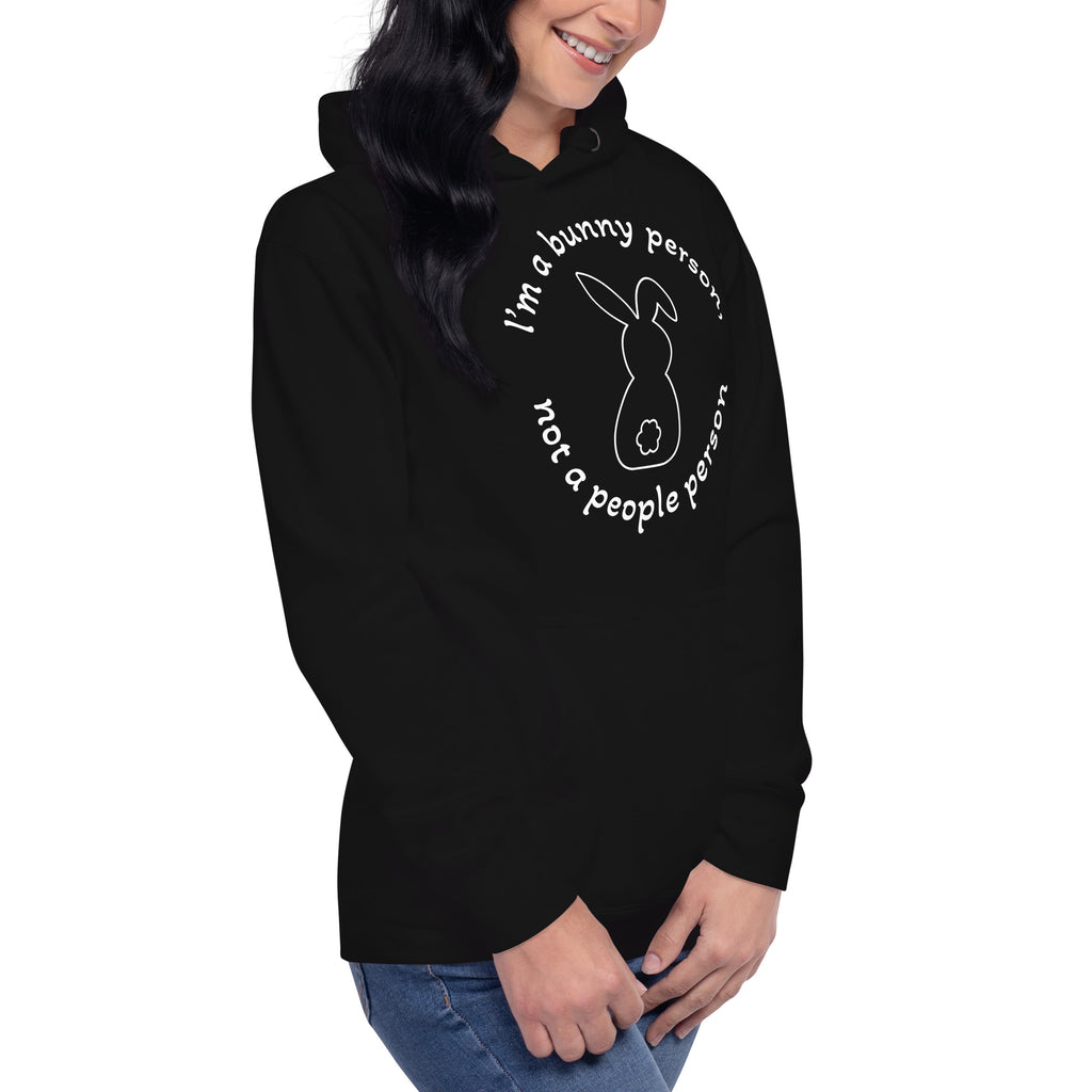 "Bunny Person" musta unisex-huppari valkoisella painatuksella