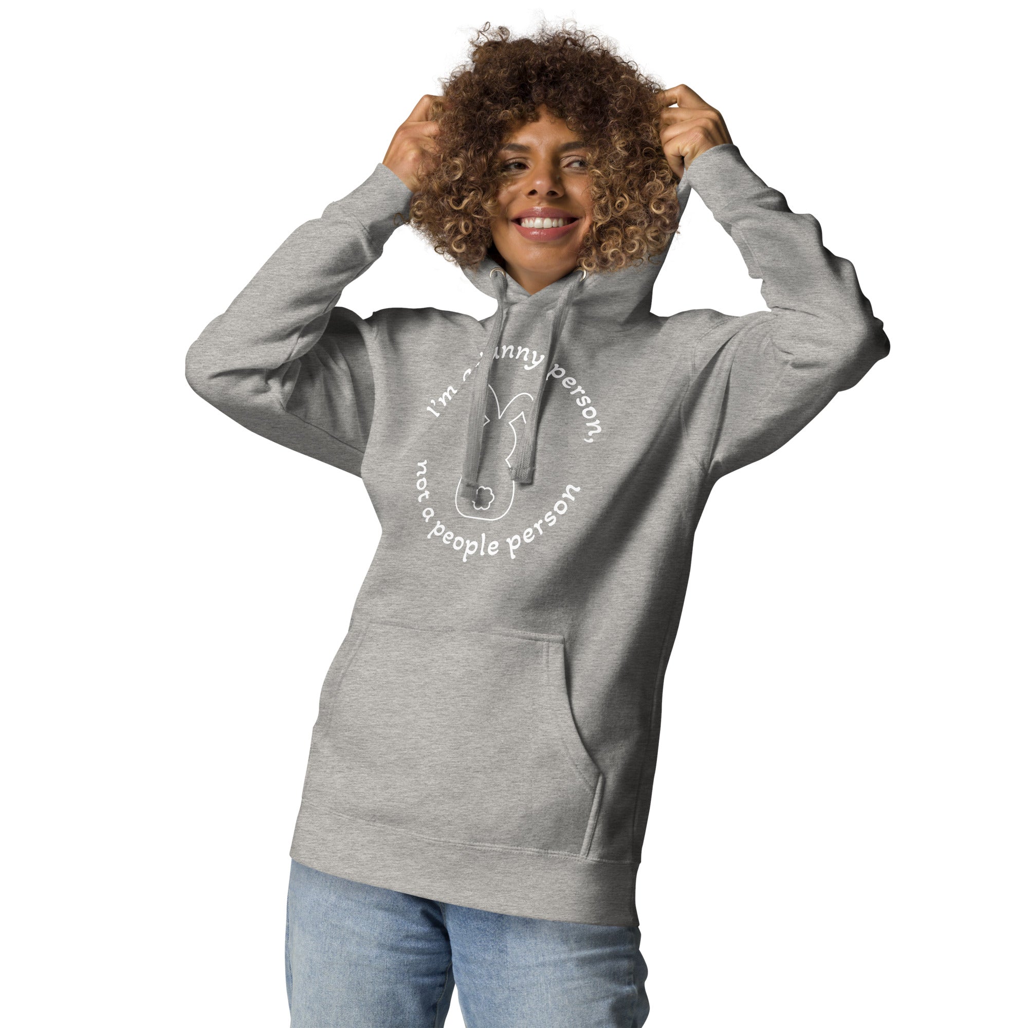 "Bunny Person" harmaa unisex-huppari valkoisella painatuksella