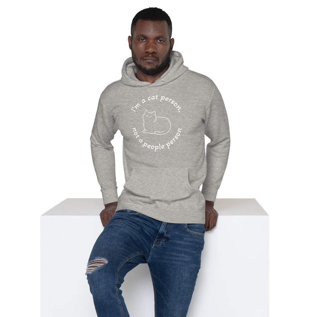 "Cat Person" harmaa unisex-huppari valkoisella printillä
