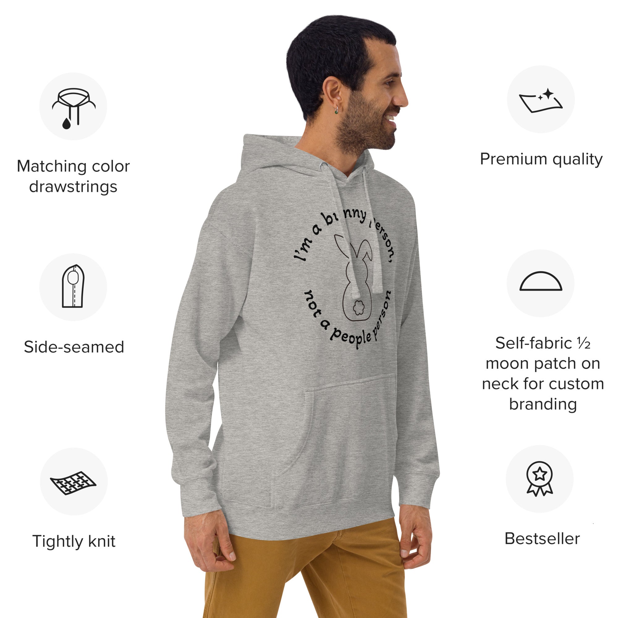 "Bunny Person" harmaa unisex-huppari mustalla painatuksella