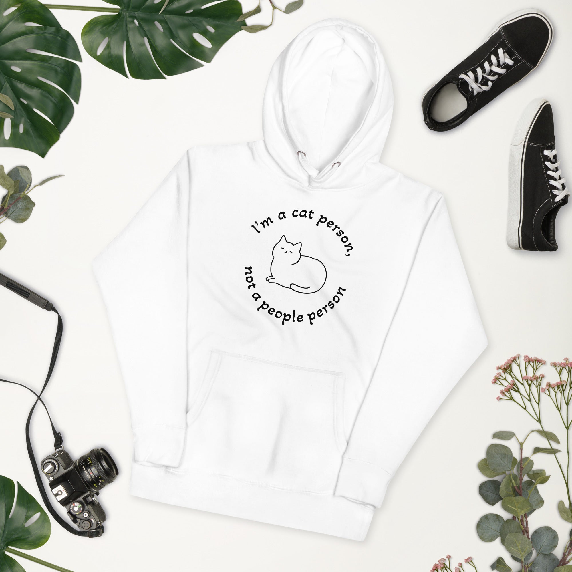 "Cat person" valkoinen unisex-huppari mustalla printillä