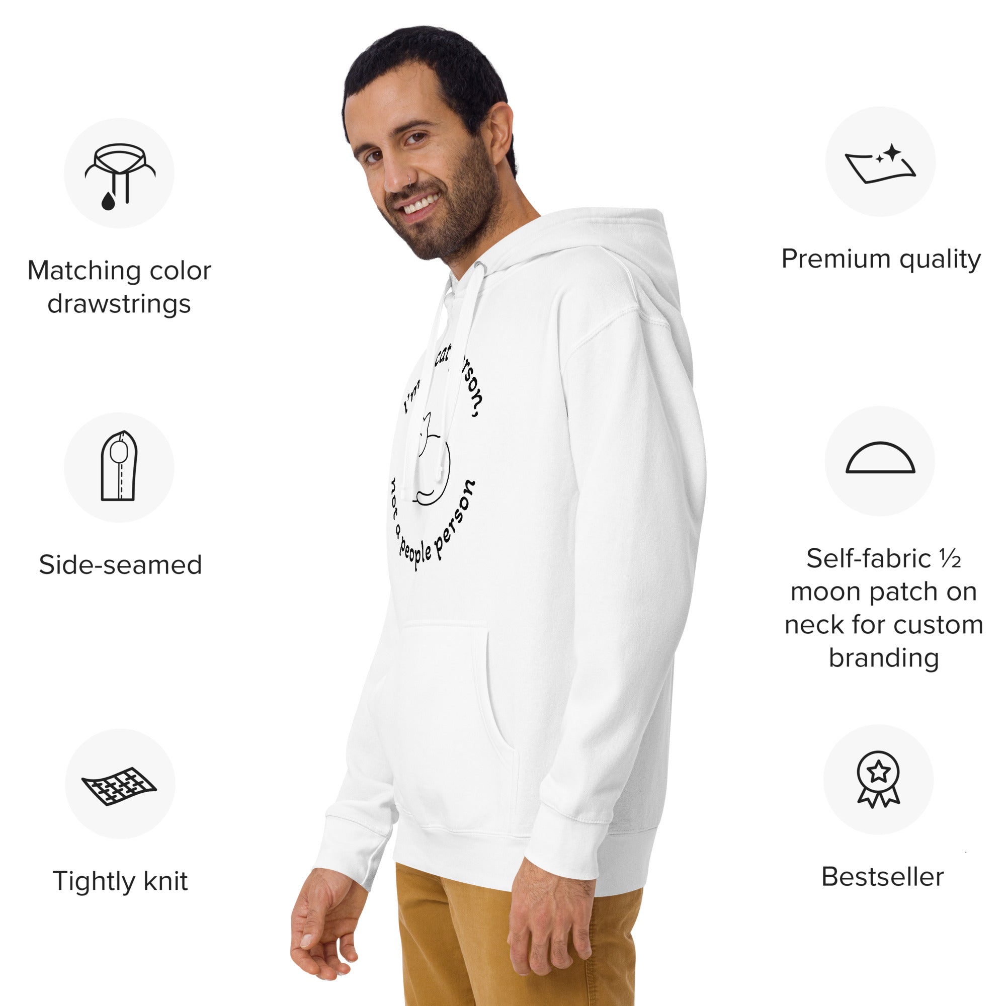 "Cat person" valkoinen unisex-huppari mustalla printillä