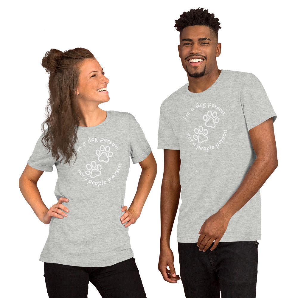 "Dog Person" harmaa unisex t-paita valkoisella painatuksella