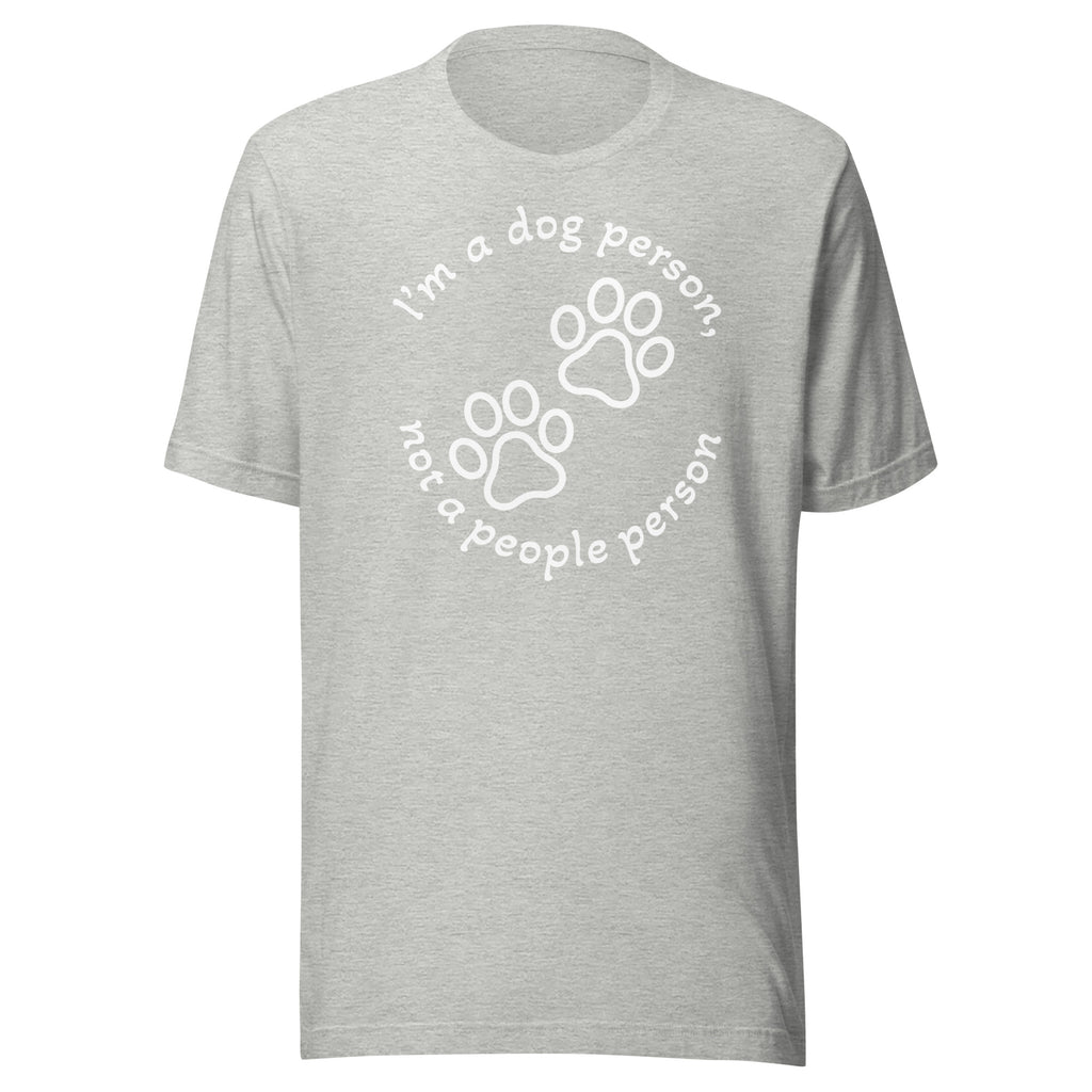 "Dog Person" harmaa unisex t-paita valkoisella painatuksella