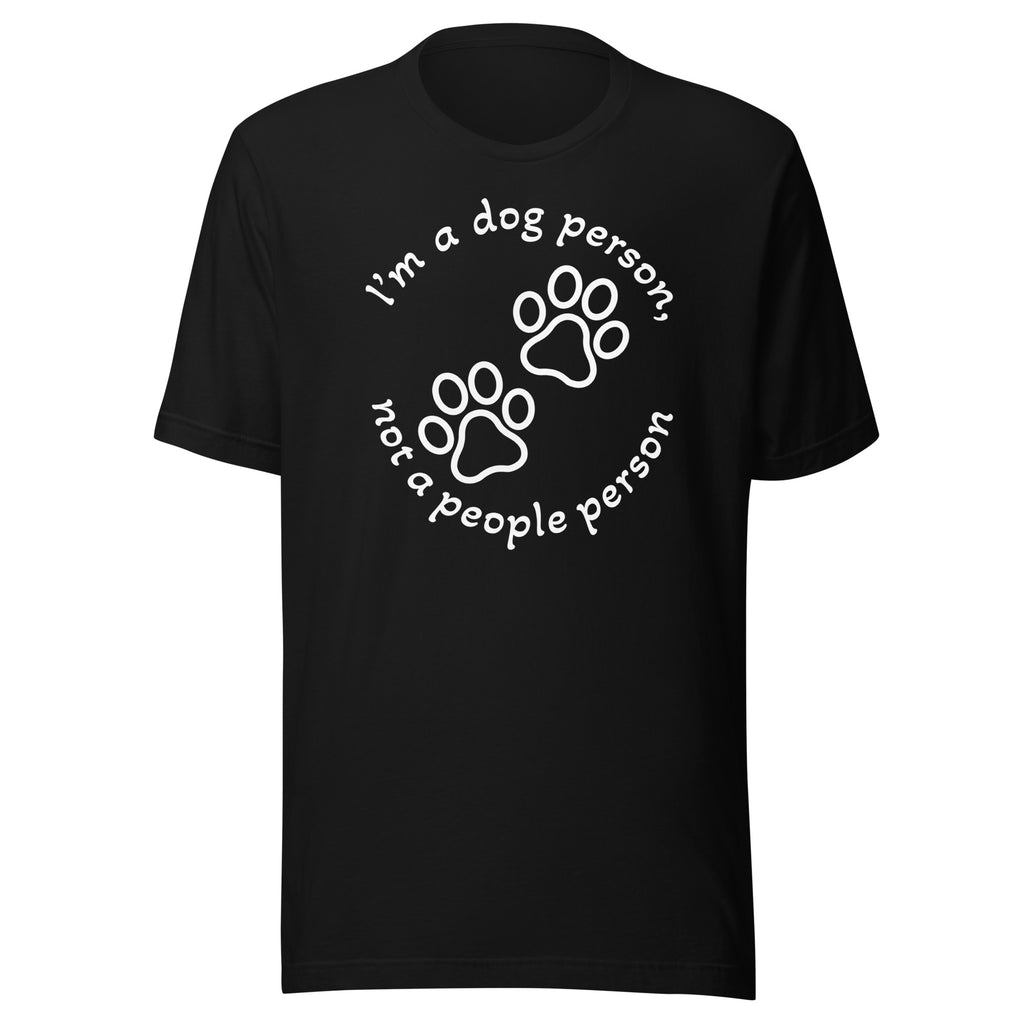 "Dog Person" musta unisex t-paita valkoisella painatuksella